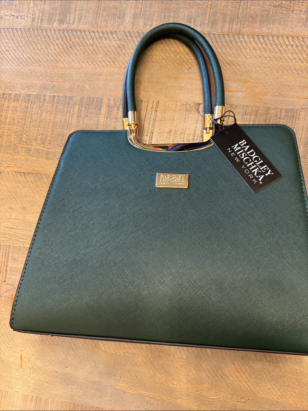 Badgley Mischka Deep Green Structured Top-Handle Satchel with Gold Accents